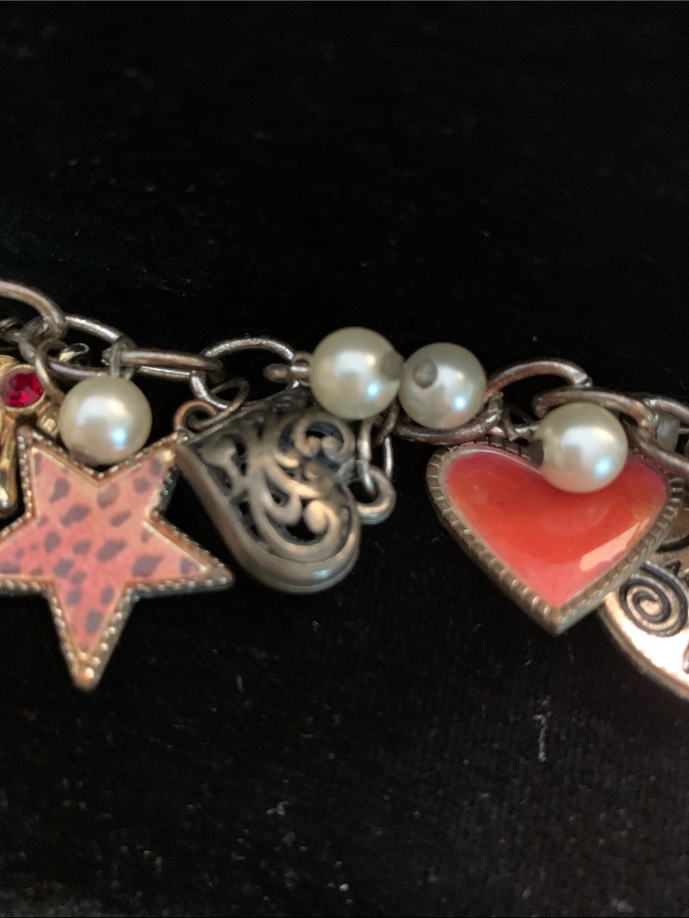 Hand Crafted Charmed Heart & Star Bracelet with Pearls - Red & Pink Accents - Picture 3 of 5